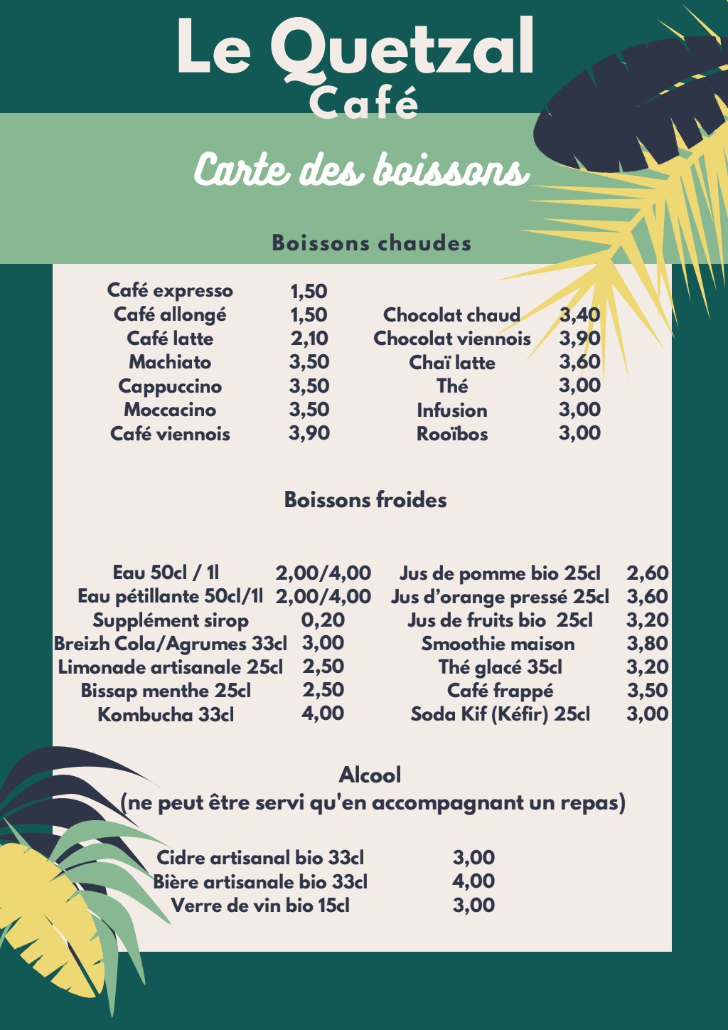 Carte des boissons du Quetzal Café : boissons chaudes, boissons froides et alcool